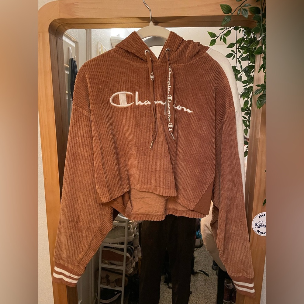Cropped, brown corduroy, Champion hoodie, size medium